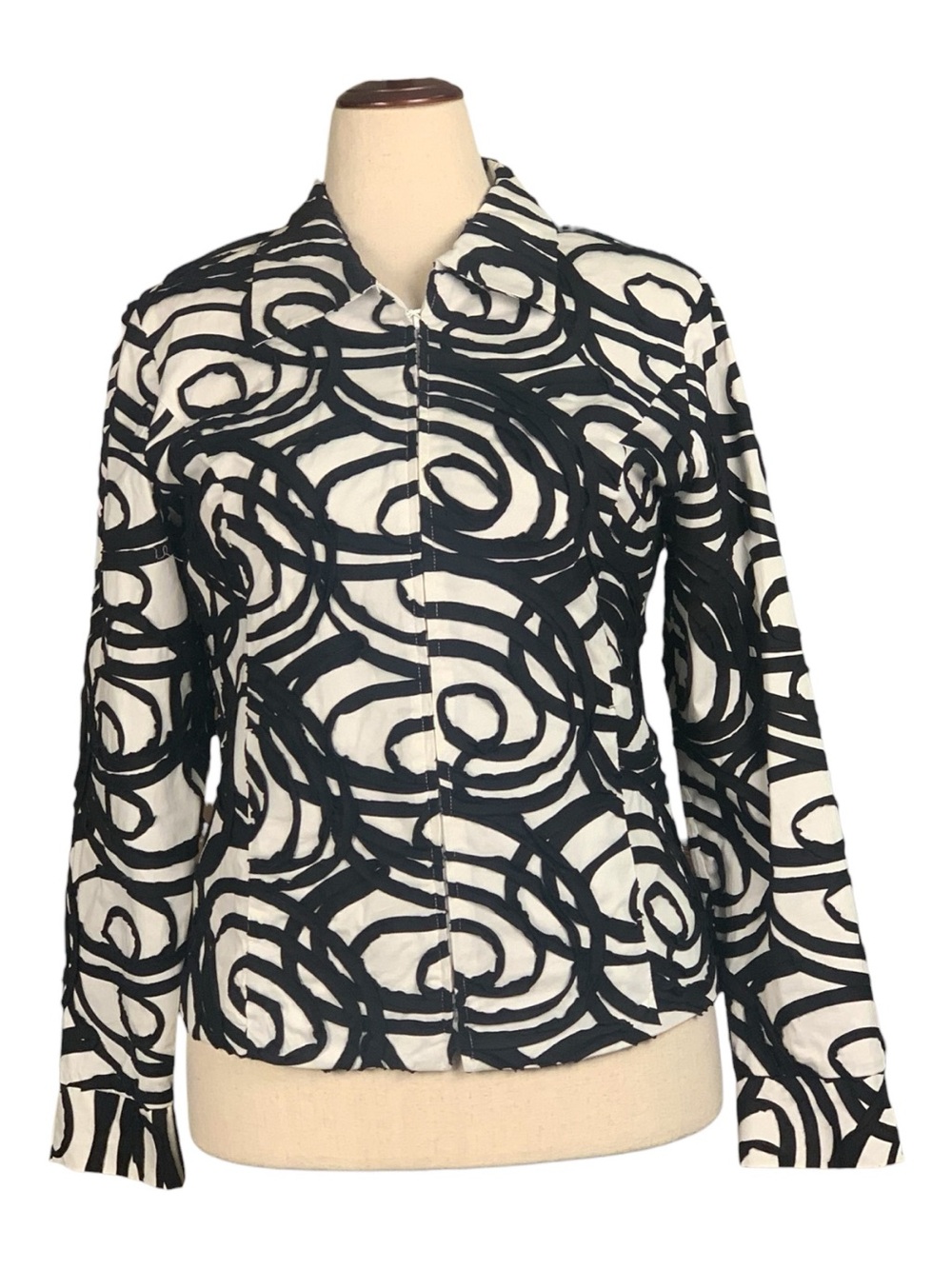 Laura Ashley Black White Abstract Swirl Textured Jacket Blazer Zip Front Small